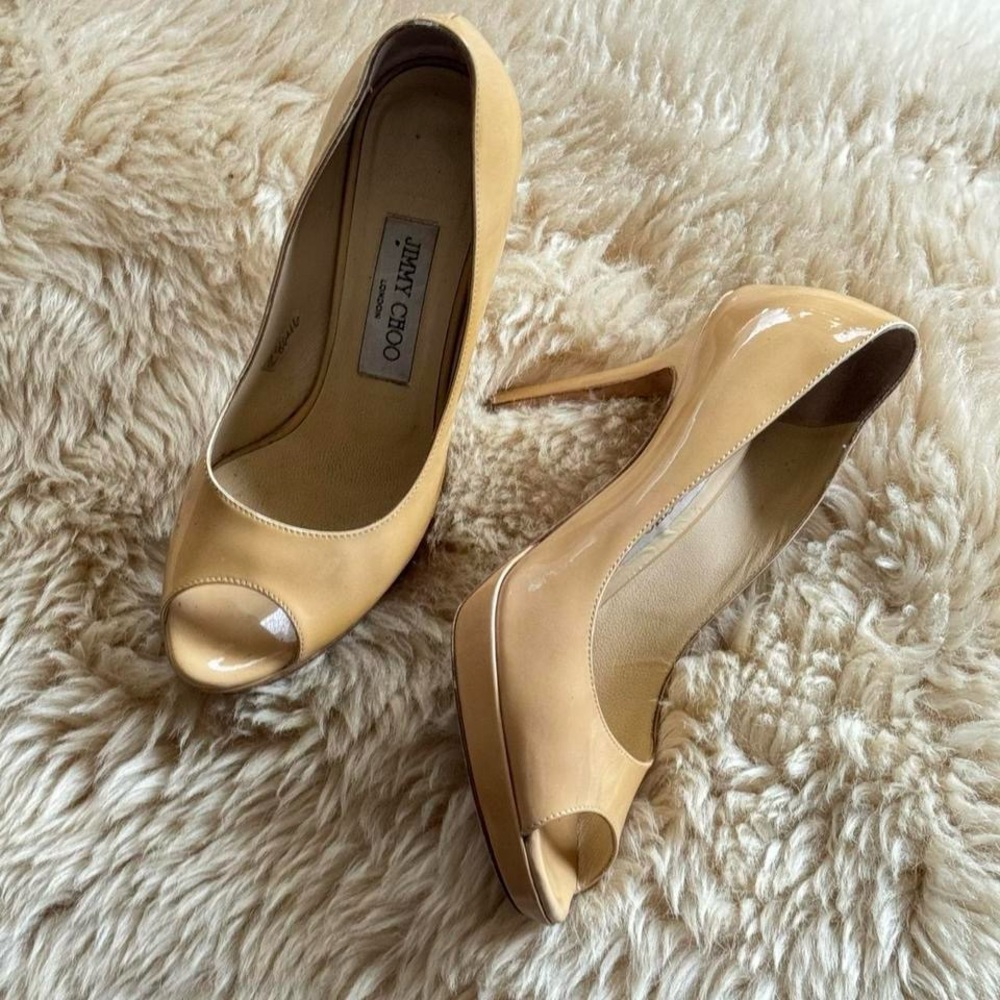 Jimmy Choo Beige Patent Peep-Toe Platform Pumps